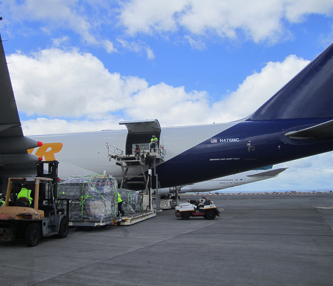 Boeing B747-400F cargo aircraft side-door loading freight