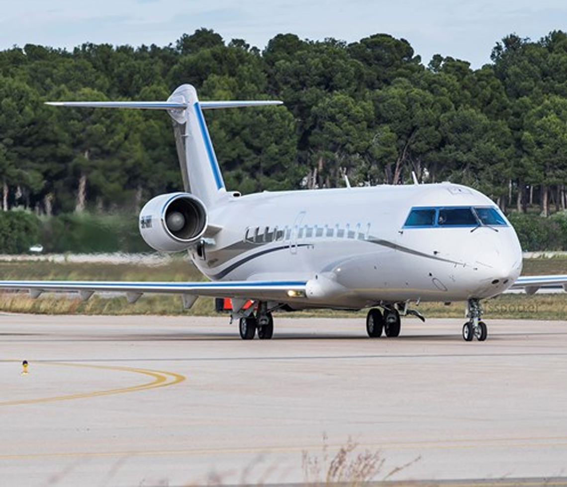 Bombardier Challenger 850 private jet flight on runway